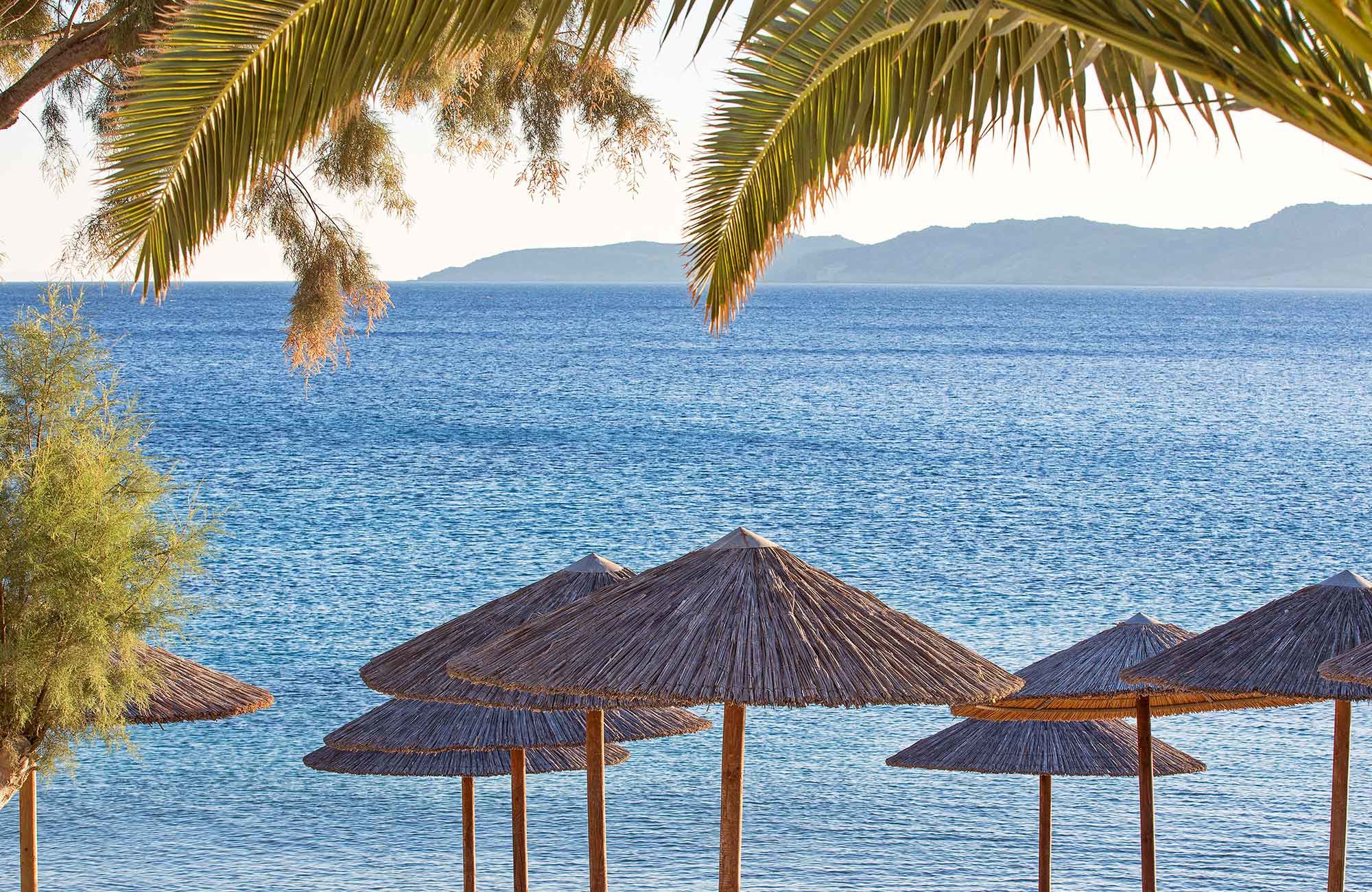 Agios Ioannis beach in Mykonos, straw umbrellas and palm fronds