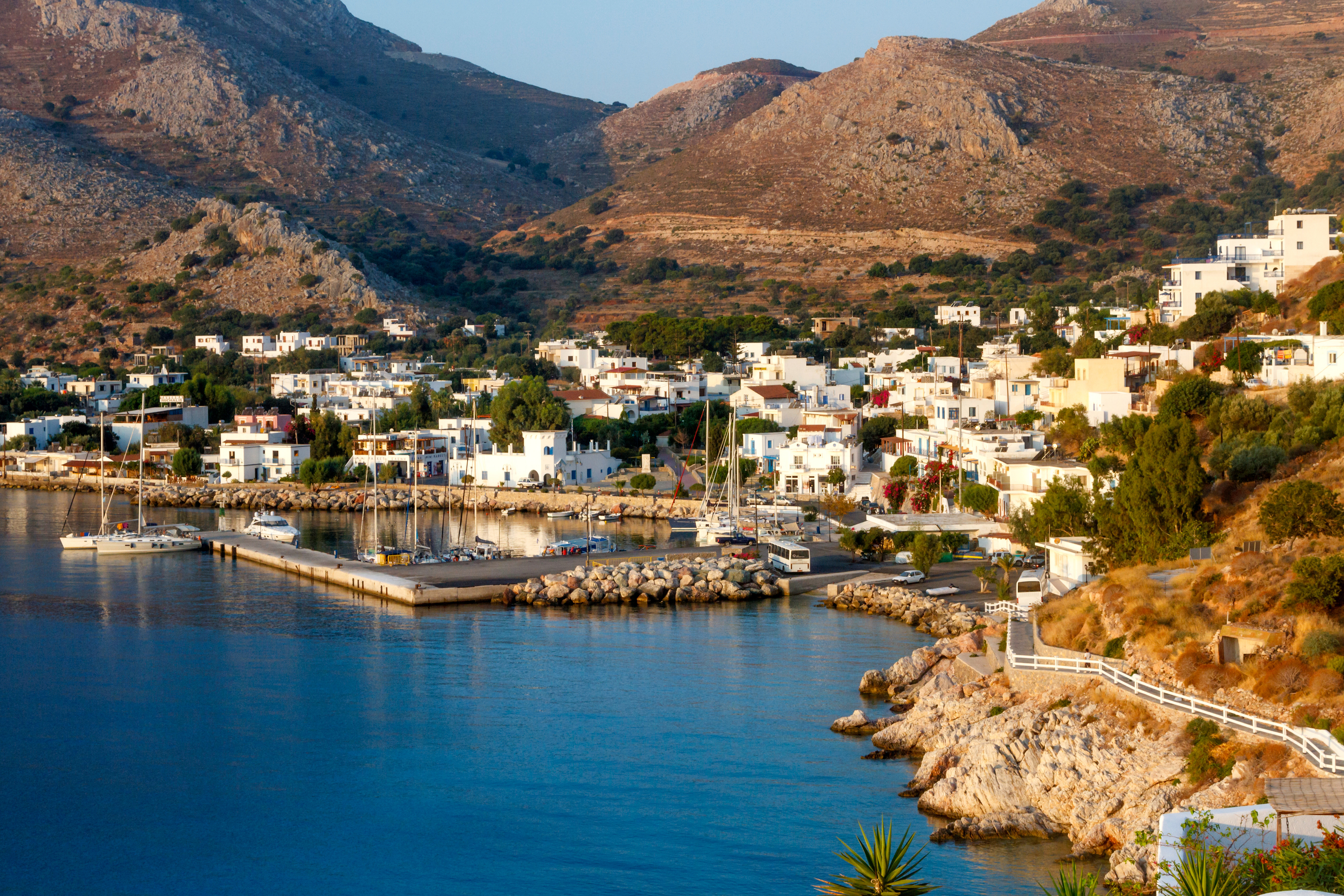 Panoramic view of Livadia town, the main port on Tilos Island, Greece