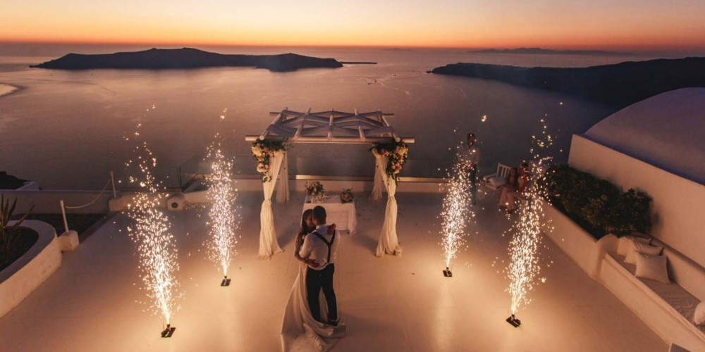 Greek island wedding with fireworks